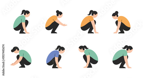 Set of diverse cartoon women squatting in various poses and colors, perfect for health, fitness, education, exercise or lifestyle projects