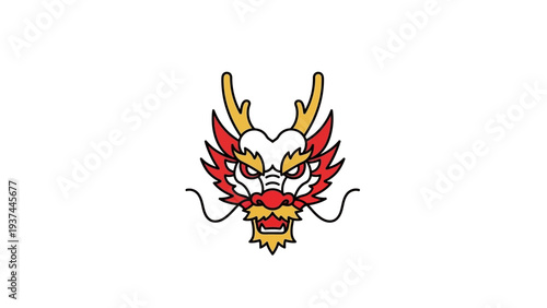 Colorful dragon head with horns and beard.