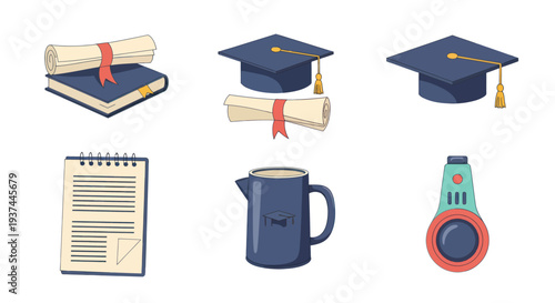 Graduation icons set with diploma, mortarboard hat, notebook, coffee mug, and stopwatch, ideal for education or academic project designs