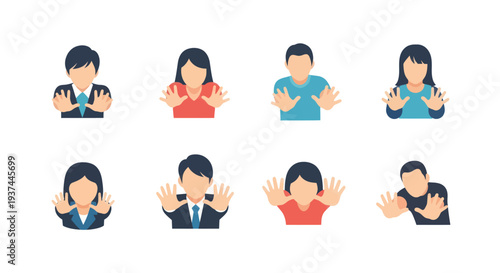 Group of diverse flat people showing hands stop gesture isolated on white for business, communication, or rejection concepts