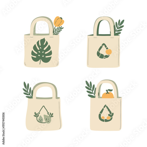 Set of four eco friendly reusable tote bags with botanical and fruit designs, sustainable shopping concept illustration