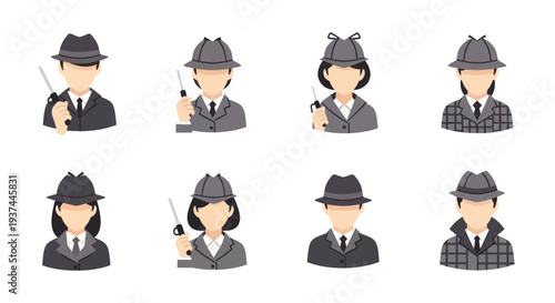 Set of detective avatars in classic attire with magnifying glasses and hats, male and female characters in various poses, ideal for mystery or investigation themes