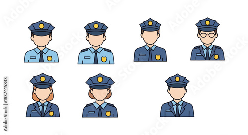 Set of seven cartoon police officer icons with different uniforms and styles, perfect for security and law enforcement themed projects