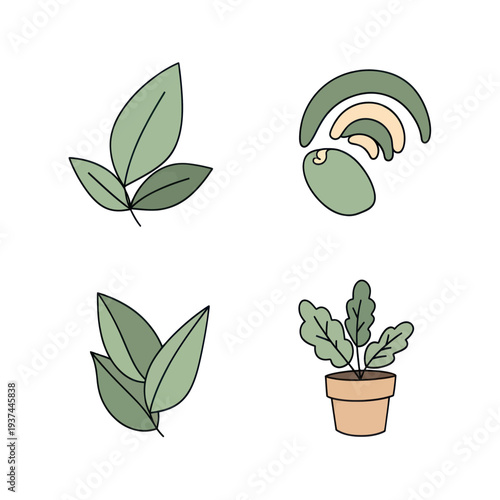 Set of simple green botanical leaf icons and potted plant illustration, perfect for nature, gardening, and eco design projects