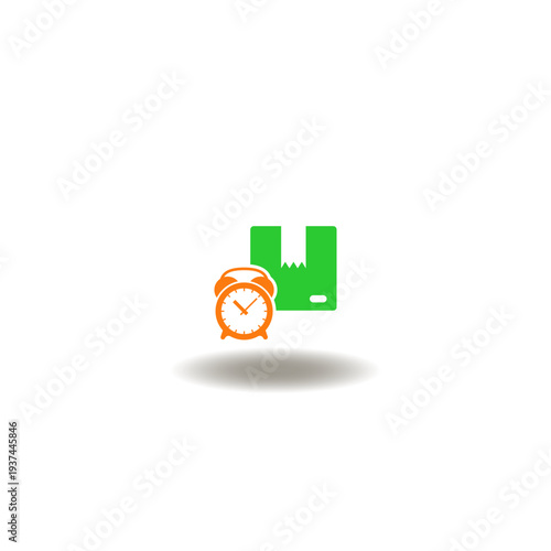 Vector illustration of packaging cardboard goods box and alarm clock. Symbol of FMCG Fast Moving Consumer Goods. Icon of inventory, stocktaking.