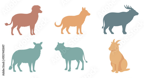 Silhouettes of various African animals including wildebeest, wild dog, and antelope in flat color style for wildlife and safari design