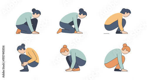 Set of six illustrations showing women in different squatting positions, useful for fitness, exercise, yoga, or posture education designs