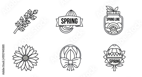 Spring line black outline icons set including flower branch, citrus juicer badge, jar label, sunflower, ribbon wreath, and decorated egg for seasonal design