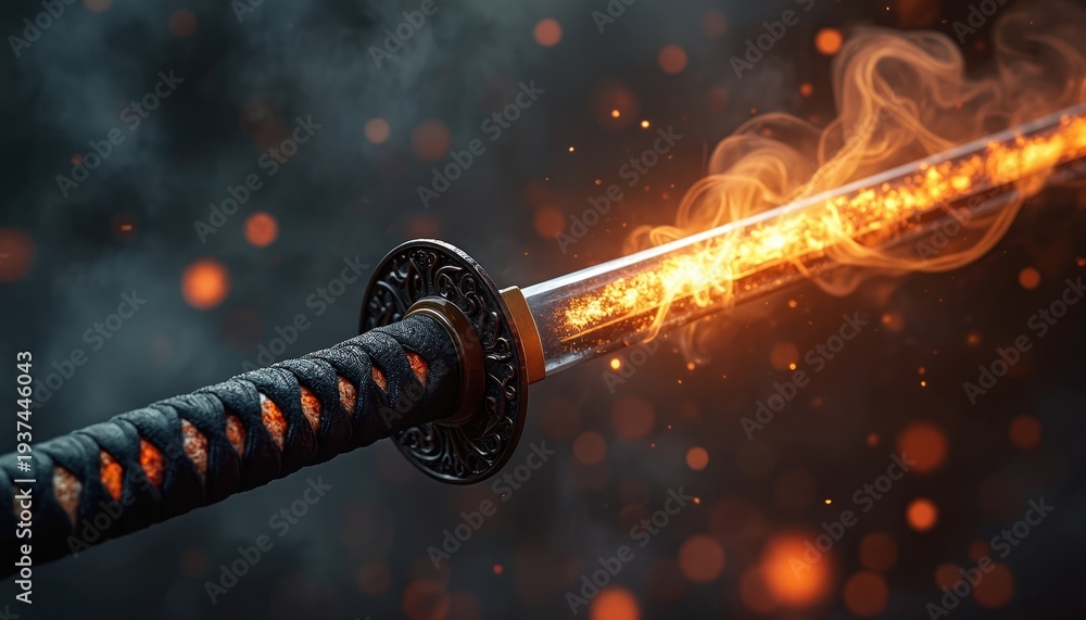 Naklejka premium Burning katana sword with glowing orange blade and smoke. Traditional japanese weapon close up. Warrior blade ready for fight. Epic battle steel.