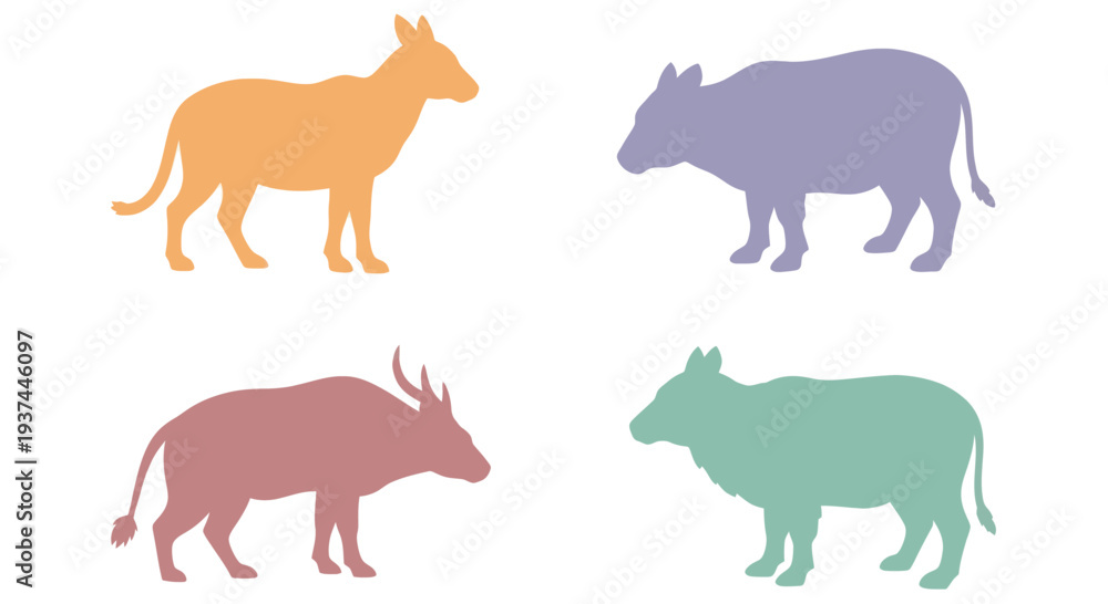 Fototapeta premium Colorful silhouettes of African wild animals including aardvark, rhinoceros, wildebeest, and buffalo isolated on white background for educational or wildlife design