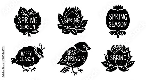 Black and white spring season icons with flowers and birds, hand drawn seasonal nature designs for greeting cards and decorations
