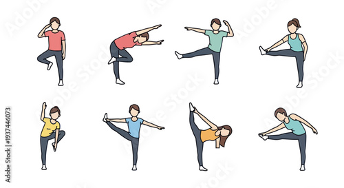Cartoon illustrations of men and women performing various yoga balance and stretching poses, perfect for fitness, wellness, and exercise content