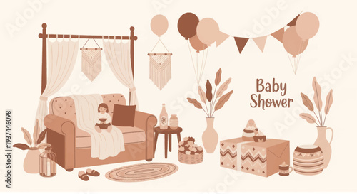 Cozy boho baby shower party decoration with balloons, gifts, plants, and a cute child sitting on a sofa, perfect for invitation and celebration designs