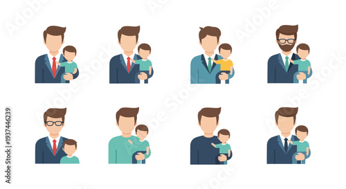 Flat style icons of diverse fathers holding children, representing paternal care and family bonds, perfect for parenting and family-related projects