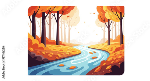 Stream flows through autumn forest landscape.