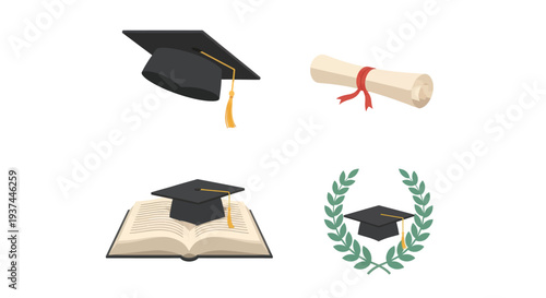 Graduation cap, diploma, academic book, and laurel wreath icons set representing education achievement, success, and scholarly accomplishment for design projects