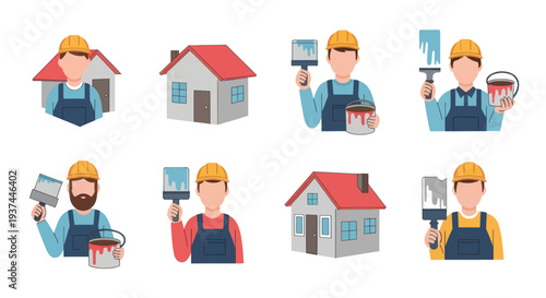 Set of construction worker and house icons with painters holding paint brushes and buckets, home renovation and building concepts