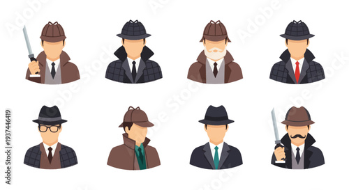 Set of detective avatars with classic hats, coats, and knives in flat style, ideal for mystery, investigation, and crime concept illustrations