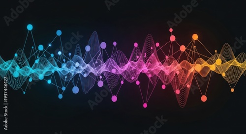 Abstract colorful wave pattern of connected dots against a dark background