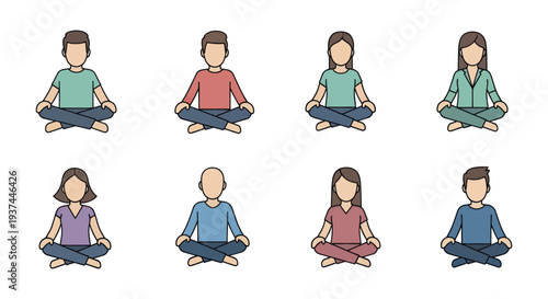 Set of diverse cartoon people meditating in lotus position, yoga and mindfulness concept for wellness, relaxation, and mental health illustrations