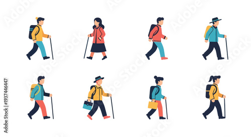 Set of diverse flat vector people walking with backpacks, briefcases, and walking sticks, suitable for hiking, travel, outdoor adventure, and active lifestyle designs
