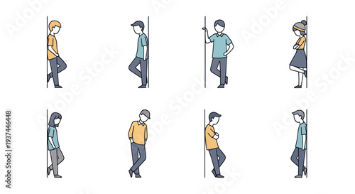 Set of diverse people leaning against walls in casual poses, minimal line art style, perfect for social media, lifestyle or communication concepts