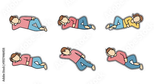 Set of diverse reclining people illustrations in casual clothes lying on side relaxing or resting, vector clipart for lifestyle and leisure concepts