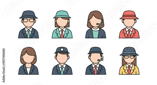 Set of diversified business people avatars wearing suits, hats and headsets, professional teamwork concept, flat style icons for corporate use