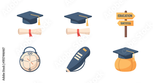 Set of education icons including graduation caps, diplomas, signpost with education and success, stopwatch, remote control, and pumpkin with cap, perfect for academic themes