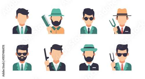 Set of eight avatar male characters with various accessories like comb, knife, and tuning fork, perfect for profile icons or business visuals
