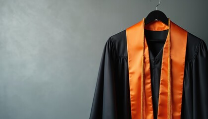 Black graduation gown with orange stole hangs on hanger. Academic regalia ready for ceremony. Degree award celebration attire. University or college achievement symbol. Future success study.