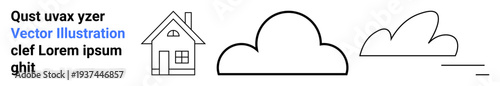 Home design, weather reporting, graphic design, real estate, icons, minimalism. Black-and-white outline of a house and cloud shapes. Home design and weather for versatile usage