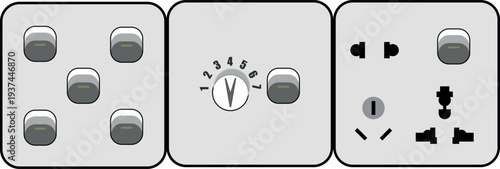 Universal Electrical Switchboard Wall Socket Panel Vector, Modern electrical switch panel with dimmer and multi-plug sockets.