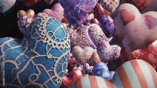 Artistic array of floating, textured heart shapes, each exhibiting unique designs and patterns in a digital art style