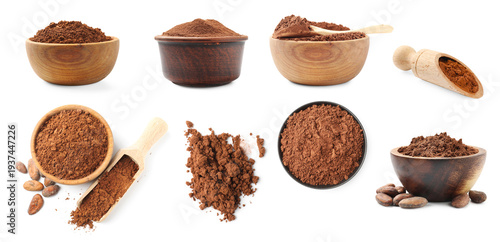 Aromatic cocoa powder on white background, collage