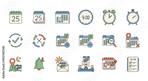 Colorful calendar icons and clocks.