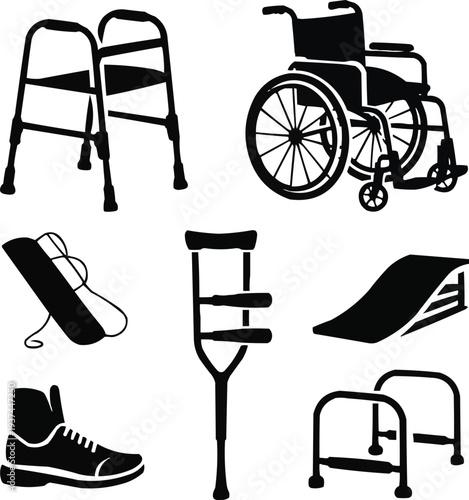 Rehabilitation and Mobility Silhouette Icon Set  Walker, Wheelchair, Crutch, and Assistive Devices

