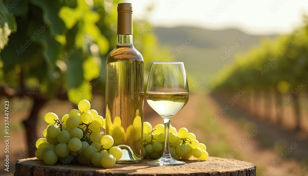 Fototapeta premium White wine bottle and glass with grapes on wood stump in vineyard. Fresh green vine leaves and rows of grapevines in background. Sunny outdoor nature.