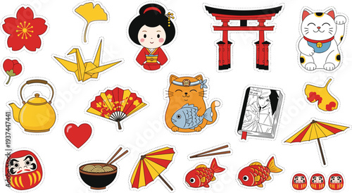 Japanese Culture Sticker Set with Geisha, Maneki Neko, Torii Gate, Origami Crane and Traditional Japan Cartoon Elements