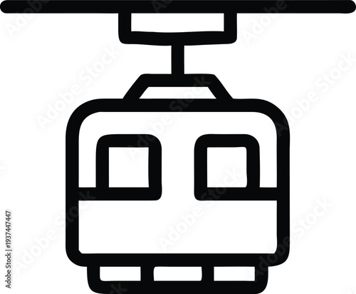 Clean black outline icon of a cable car or gondola moving along an overhead wire system