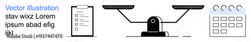 Business organization, decision-making, productivity, planning, legal concepts, task management. A scale in the center, checklist and calendar on sides text above. Planning and organizational tools