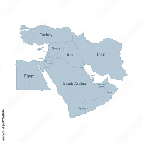 Middle East map with country borders and names. Grey political map of the region isolated on white background.