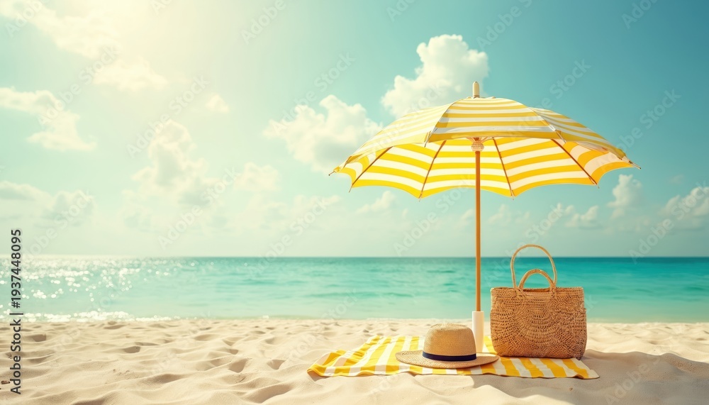 Fototapeta premium Striped yellow umbrella shades sandy beach with straw hat and woven bag. Bright sun shines on calm ocean water. Peaceful summer vacation scene.