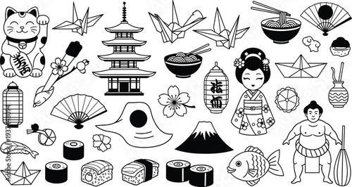 Japanese Culture Doodle Icon Set with Pagoda, Sushi, Geisha, Origami Crane and Traditional Japan Symbols Vector Collection