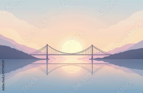Suspension bridge spans calm water at sunset or sunrise with reflection. Hills and clouds form soft pastel background colors. Peaceful serene landscape scene.