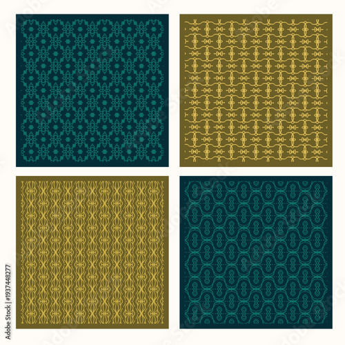 Set of Dark Teal and Mustard Yellow Geometric Seamless Patterns with Traditional Ornament Motifs