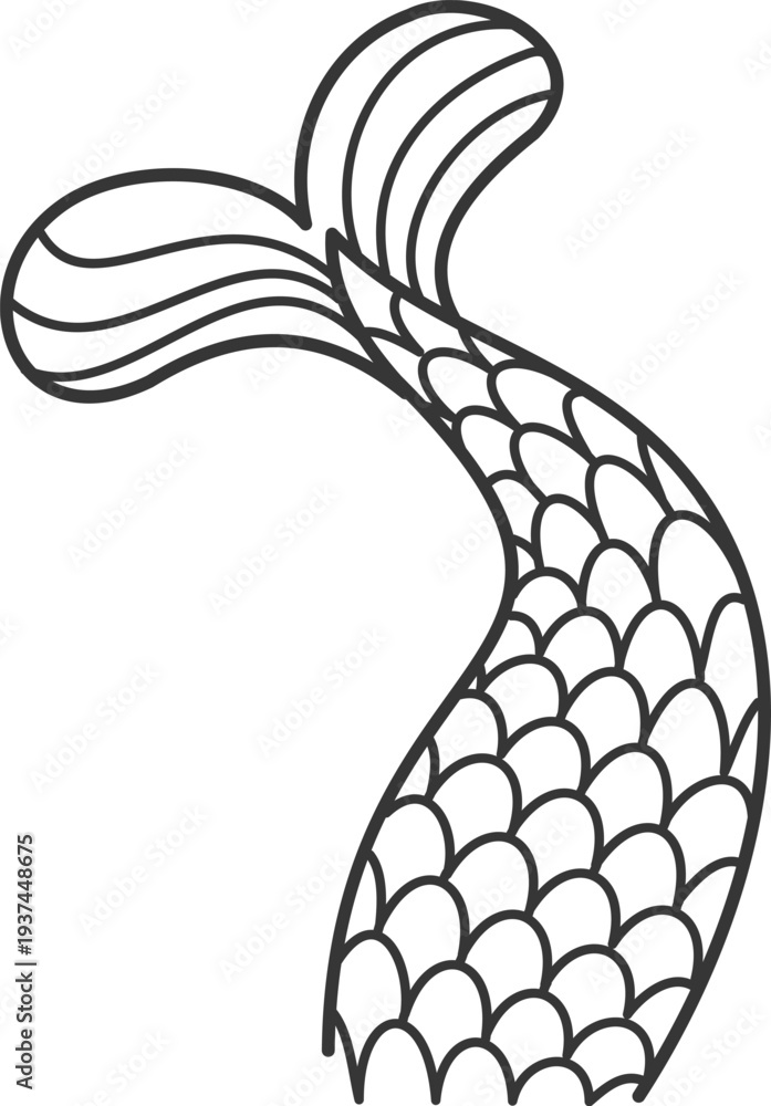 Fototapeta premium Fish tail drawing. Sea creature line doodle