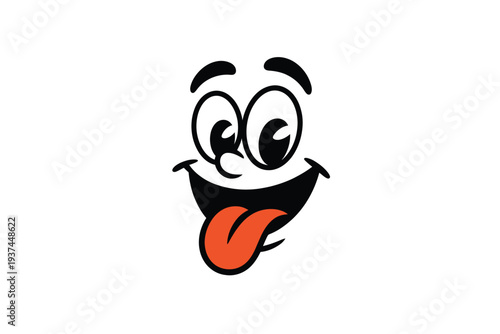 Cartoon face with big eyes and tongue out, playful emoticon, smiling character