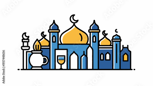 Mosque Illustration with Golden Domes and Minarets.