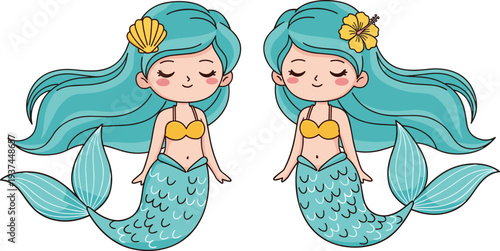 Cute Mermaid Cartoon Characters with Long Blue Hair, Seashell Accessories and Ocean Fantasy Vector Illustration Set